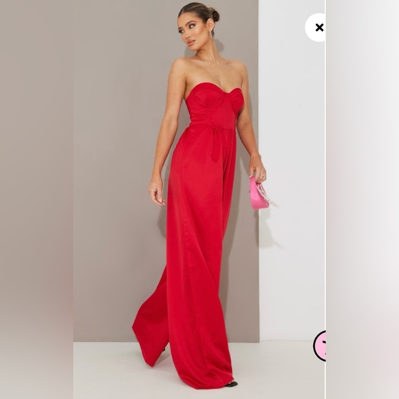 PLT Size 4 Red Satin Bandeau Cup Detail Wide Leg Jumpsuit - Picture 2 of 4